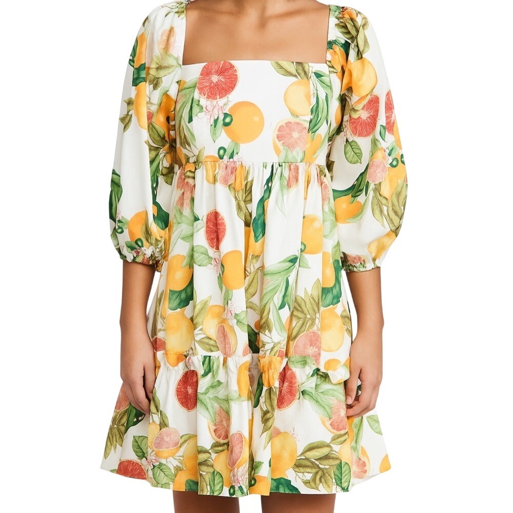 NWT‎ Cara Cara Sip Sip Dress White Citrus Fruit Smocked Mini Sz XS Chic Feminine